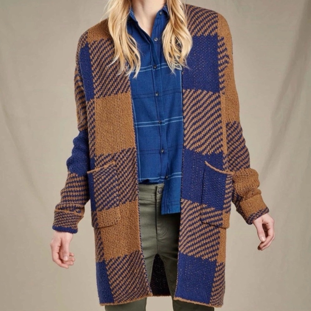 Toad&Co cabin fever Blue and Brown Plaid wool Cardigan size small!